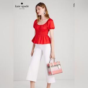 Kate Spade Poplin Riviera Red Peplum Stretch Puffy Sleeves Blouse Top Medium Nwt